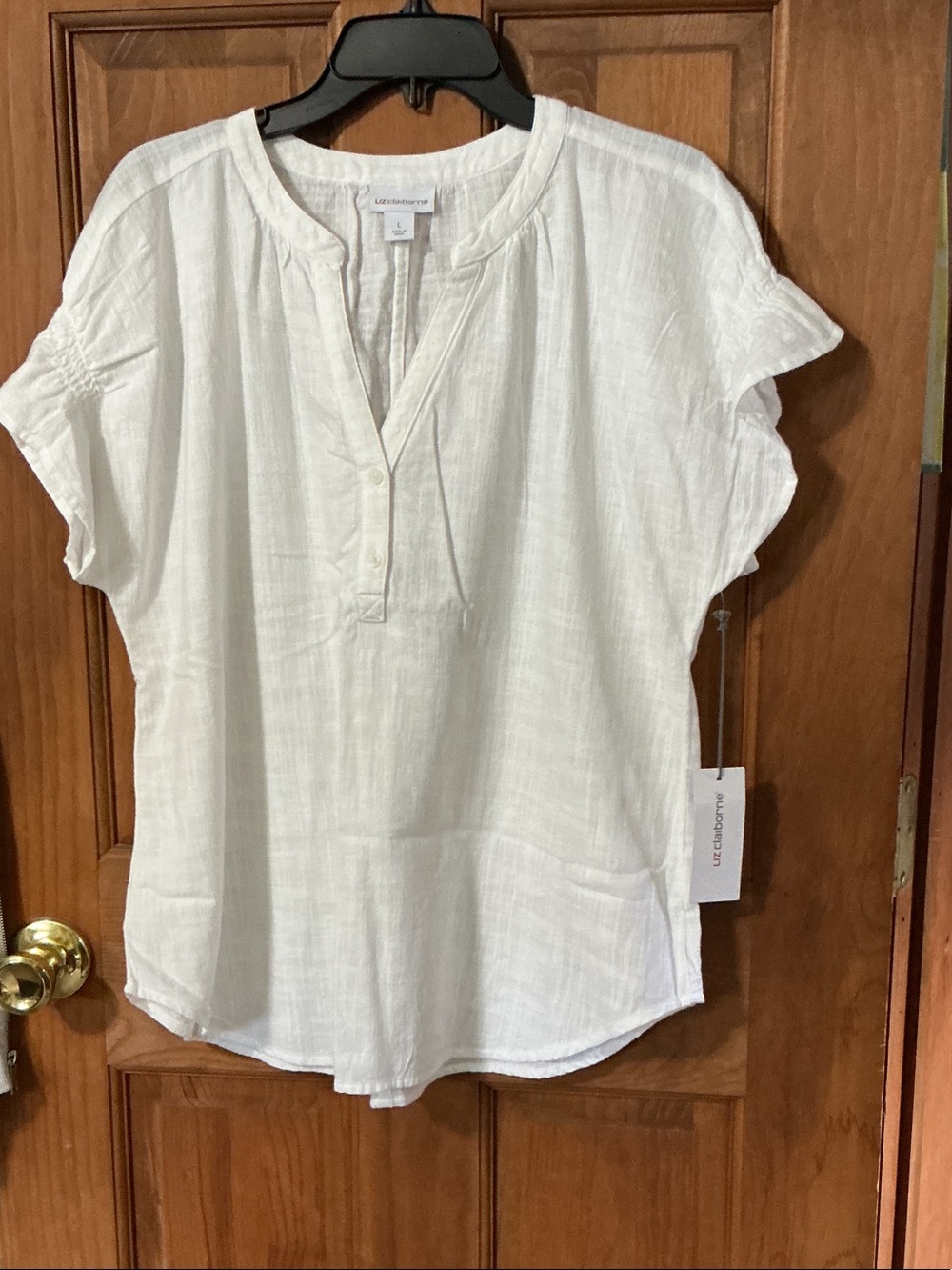 Liz Claiborne White Linen-Blend Short Sleeve Henley Blouse